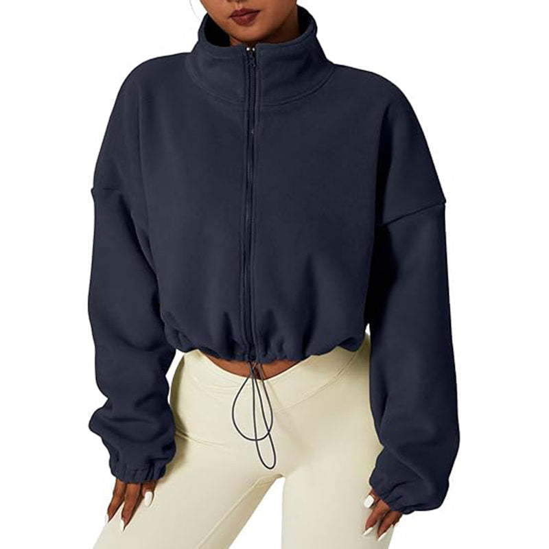 Beakey Womens Fleece Crop Jacket Full Zip Stand Collar Winter Coat-Navy Blue