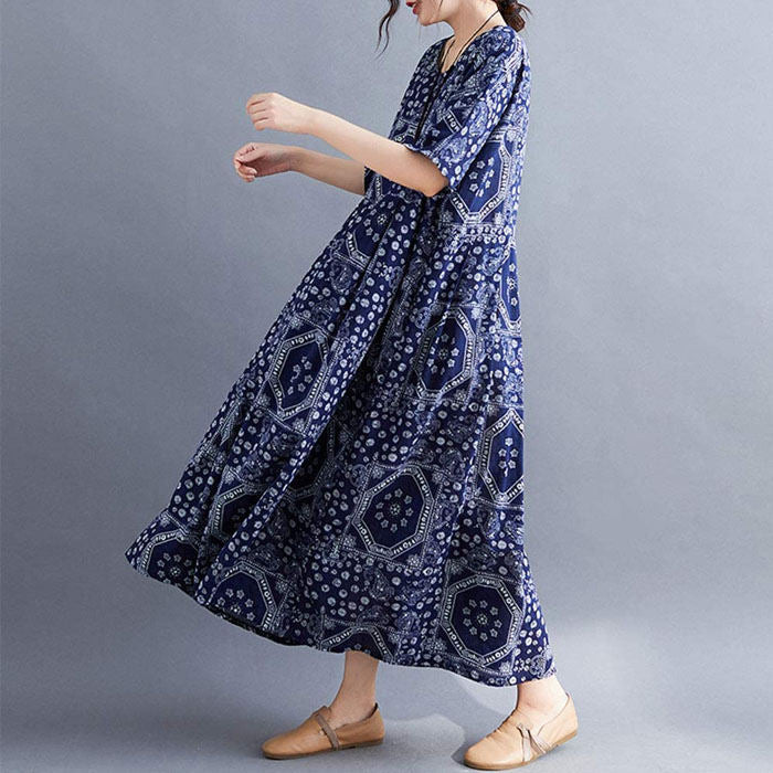 Beakey Casual Cotton Dress Women Linen Print Spliced Round Neck Literature And Art Maxi Dress