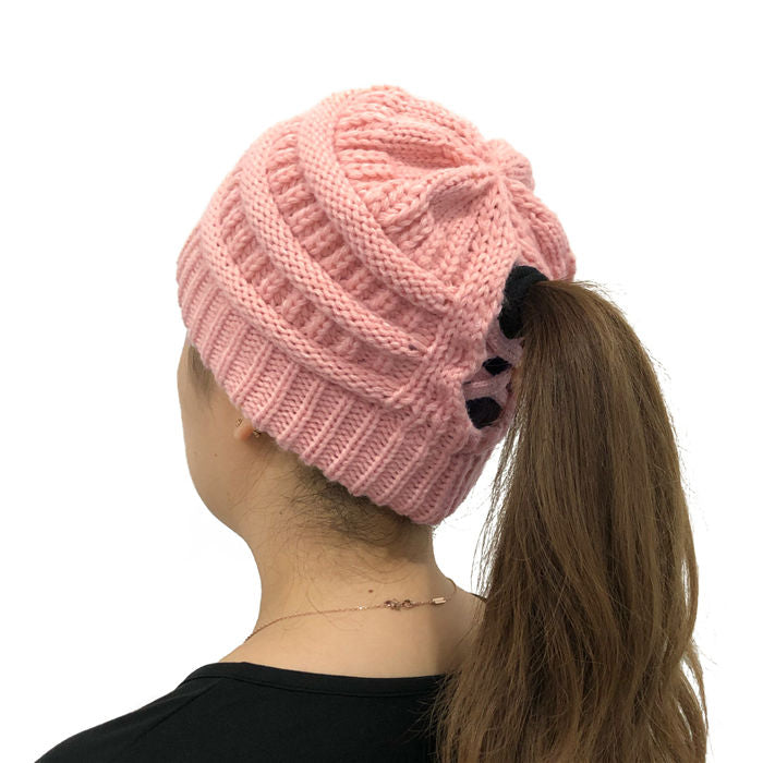 Beakey Soft Stretch Cable Knit Hat Ponytail Beanie Winter Hat For Women-Pink