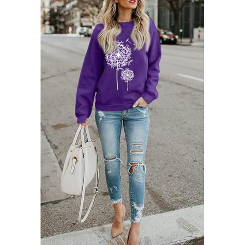 Beakey Womens Long Sleeve Shirts Dandelion Printed Crewneck Sweatshirt-Purple