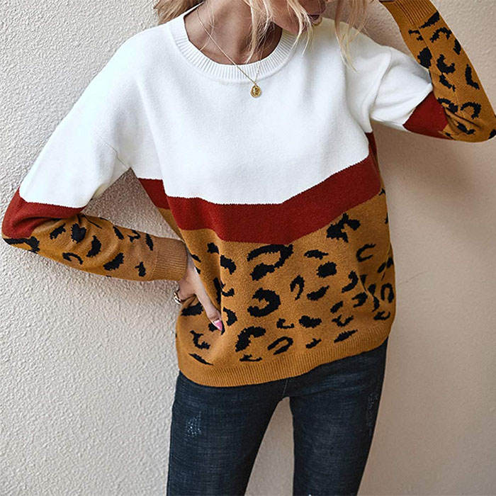Beakey Women¡¯s Casual Knitted Sweater Leopard Print Color Block Loose Pullover-Brown-K208002