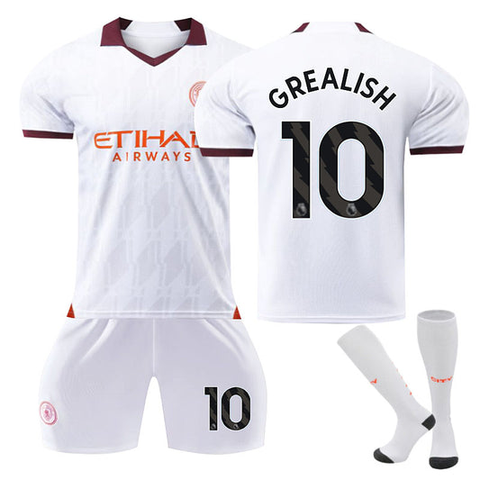 Beakey Manchester City Away Jersey GREALISH #10 Soccer Jersey Kids Adult 3Pcs Jersey Kits-White