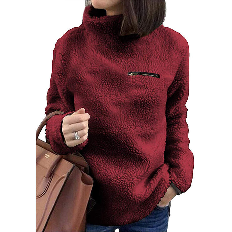 Beakey Womens Turtleneck Sweatshirt Winter Faux Fuzzy Sherpa Pullover-Wine Red