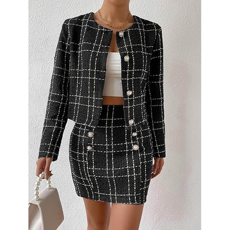 Beakey Elegant Outfit for Women Plaid Tweed Jacket + Bodycon Mini Skirt-Black