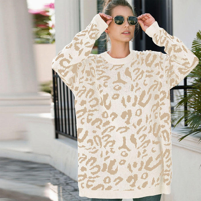Beakey Women¡¯s Leopard Print Long Sleeve Knitted Oversized Pullover Sweaters-White-HT20200301