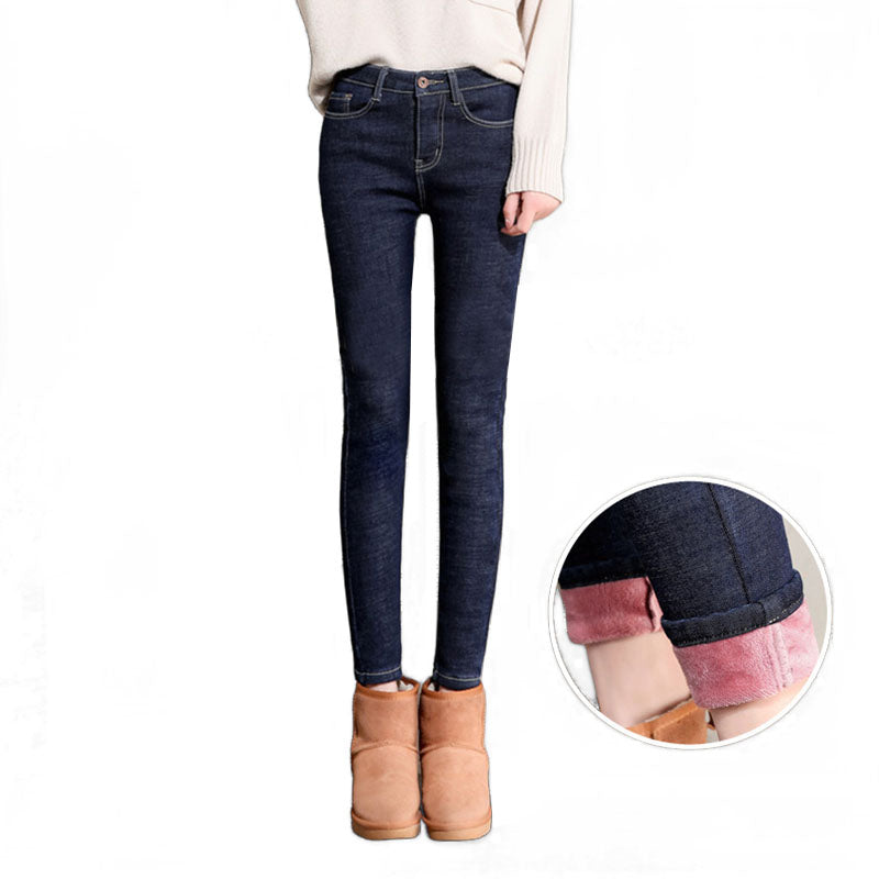 Beakey Womens Fleece Jeans with Pockets High Waist Stretch Trousers-1999-Dark Blue