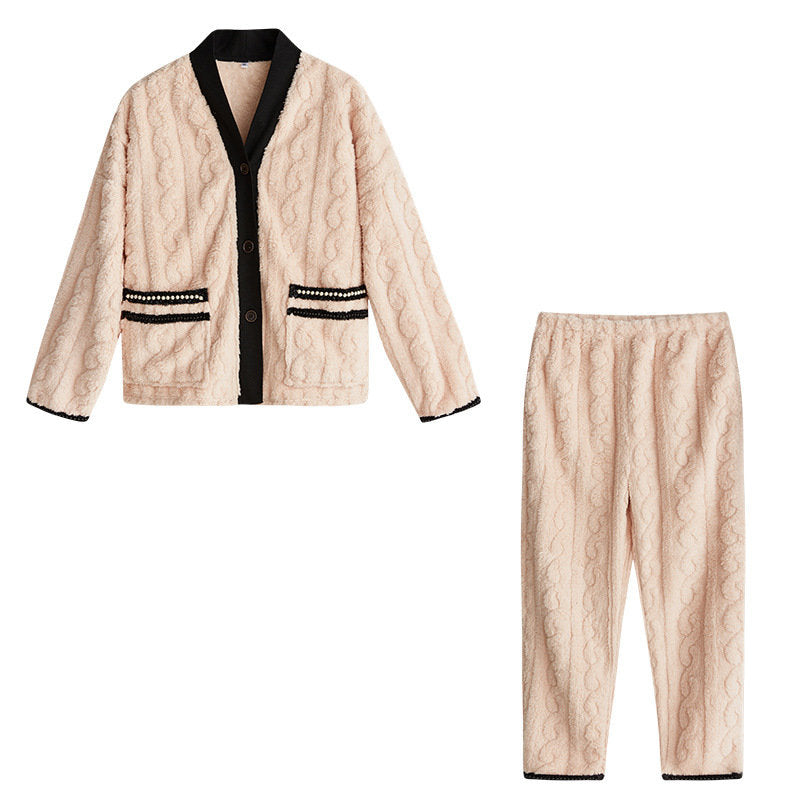 Beakey Women's Fleece Fashion Cardigan Pajama Set-Beige