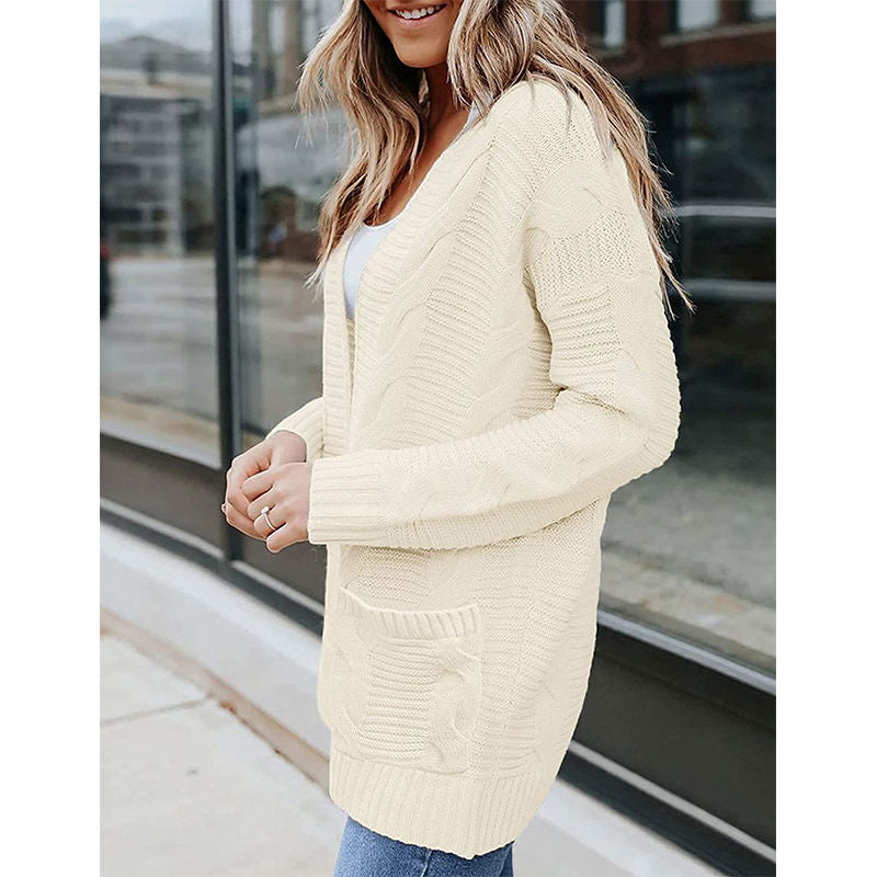 Beakey Womens Long Sleeve Cable Knit Cardigan Sweater Mid Length Coat-Apricot