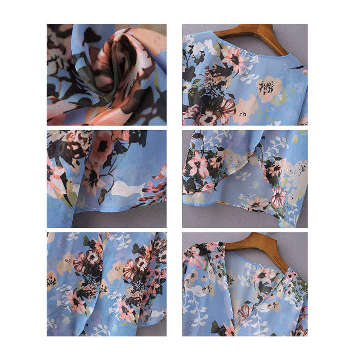 Beakey Women's Summer Floral Print Kimonos Loose Half Sleeve Chiffon Cardigan Blouses Casual Cover Up - Blue