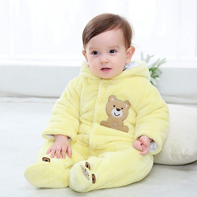 Beakey Newborn Flannel Jumpsuit with Hood Button Down Winter Rompers-Yellow