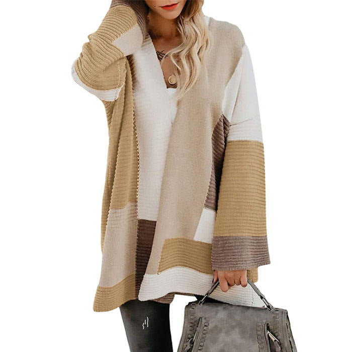 Beakey Womens Color Block Cardigan Open Front Sweaters Loose Knit Casual Coat-Khaki-AL6009