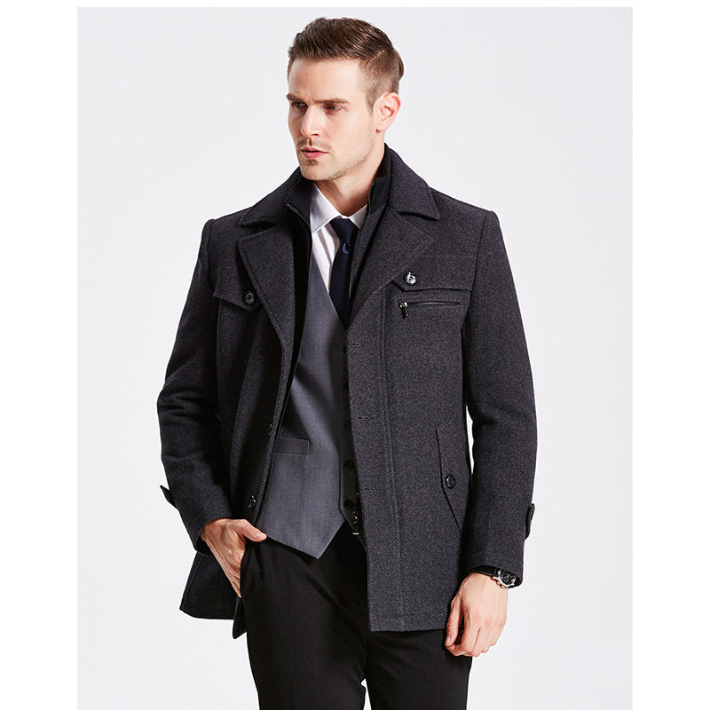 Beakey Mens Pea Coat Wool Blend Single Breasted Overcoat for Winter-Dark Grey