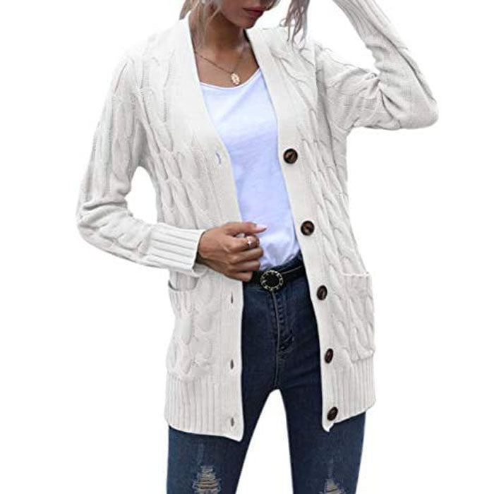 Beakey Women's Winter Keep Warm Long Sleeve Knit Sweater Cardigan Button Loose Outerwear-White-YL220187