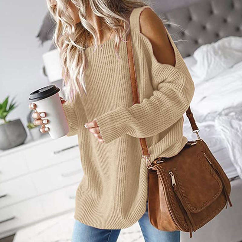 Beakey Womens Off Shoulder Oversized Sweater Fashion Knit Tunic Tops-Khaki