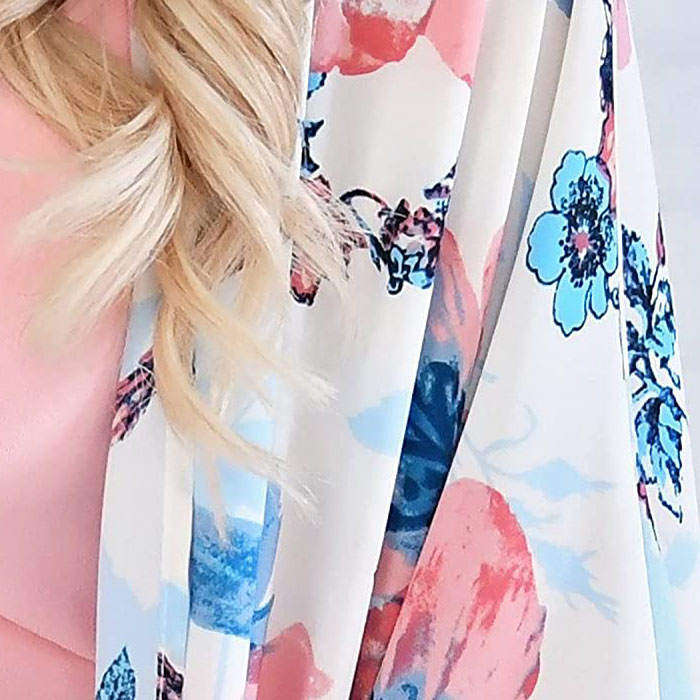 Beakey Women's Summer Floral Print Kimonos Loose Half Sleeve Chiffon Cardigan Blouses Casual Cover Up - Pink Blue