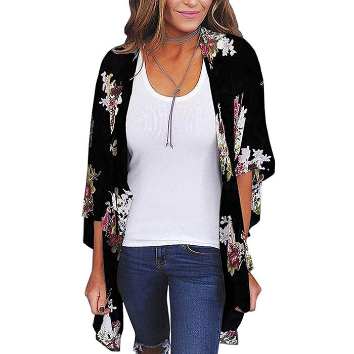 Beakey Women's Summer Floral Print Kimonos Loose Half Sleeve Chiffon Cardigan Blouses Casual Cover Up - Black Flower