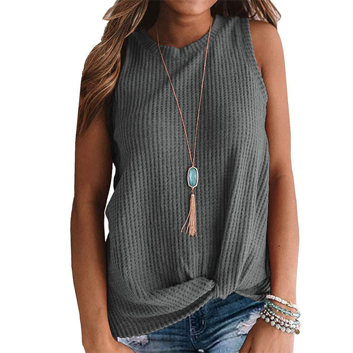 Beakey Womens Waffle Knit Vest Casual Blouse Sleeveless Twist Knot Tank Tops-Dark Gray-YT8829