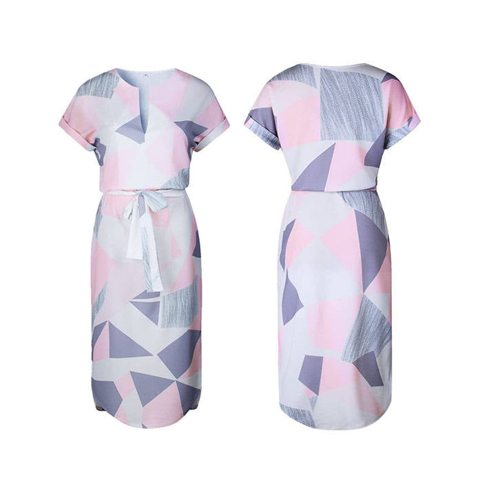 Beakey Womens Sexy Dresses Summer Casual V-Neck Printing Pattern Belted Slim Dress-White