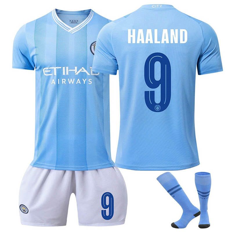 Beakey Manchester City Home HAALAND #9 Soccer Jersey Kids Adult 3Pcs Kits