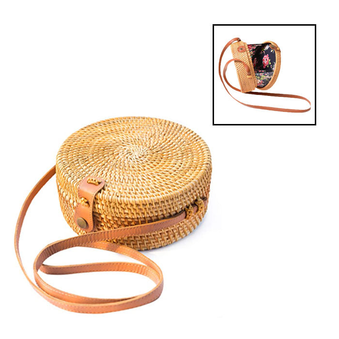 Beakey Handwoven Round Rattan Natural Chic Bag Shoulder Leather Straps Summer Beach-Emerald Flower
