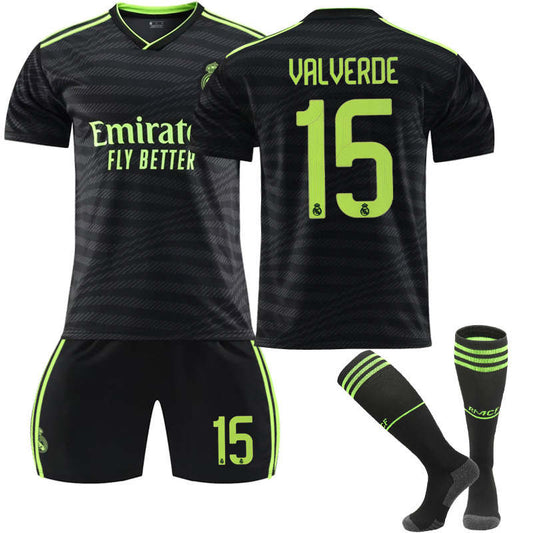Beakey Real Madrid Second Away Jersey 2022-23 VALVERDE #15 Soccer Jersey Kids Adult 3-Pieces Jersey Kits