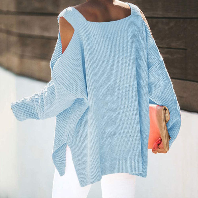 Beakey Womens Off Shoulder Oversized Sweater Fashion Knit Tunic Tops-Sky Blue