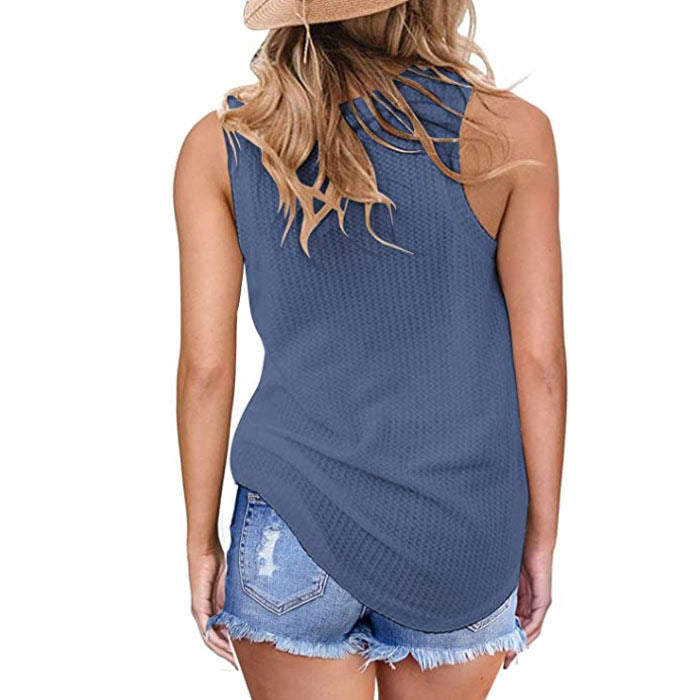 Beakey Womens Waffle Knit Vest Casual Blouse Sleeveless Twist Knot Tank Tops-Blue-YT8829