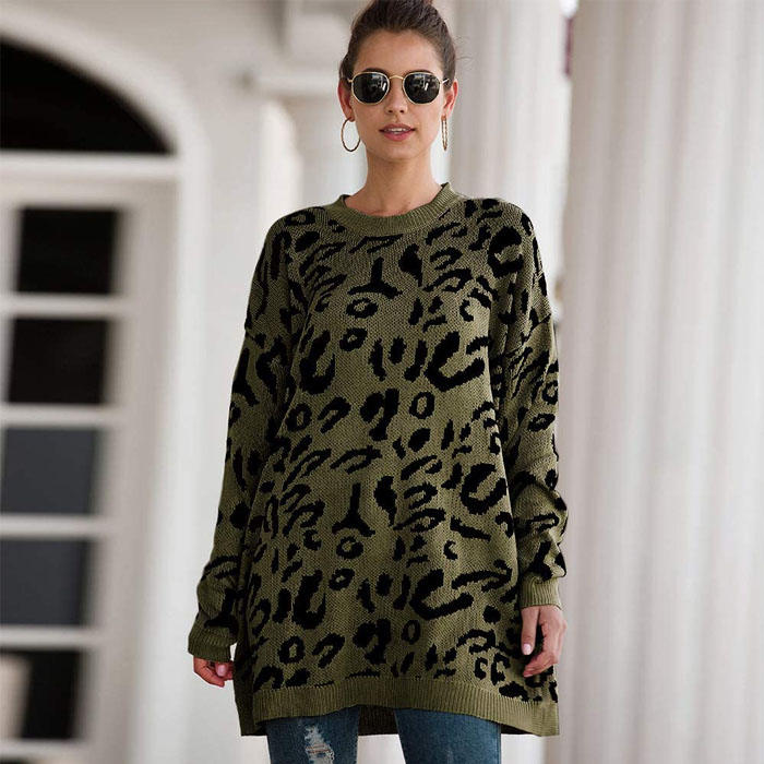 Beakey Women¡¯s Leopard Print Long Sleeve Knitted Oversized Pullover Sweaters-Army Green-HT20200301