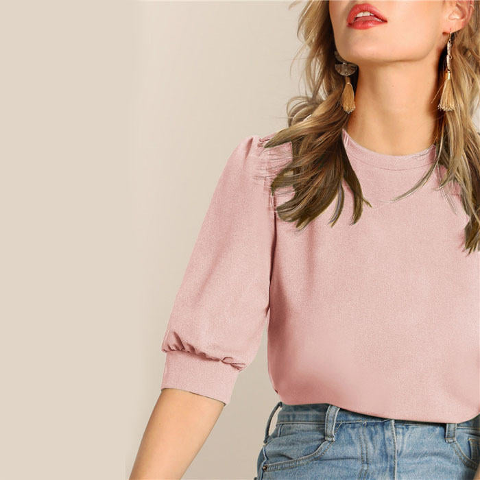 Beakey Women's Unique Puff Sleeve Casual Solid Top Pullover Keyhole Back Blouse-Pink-8821
