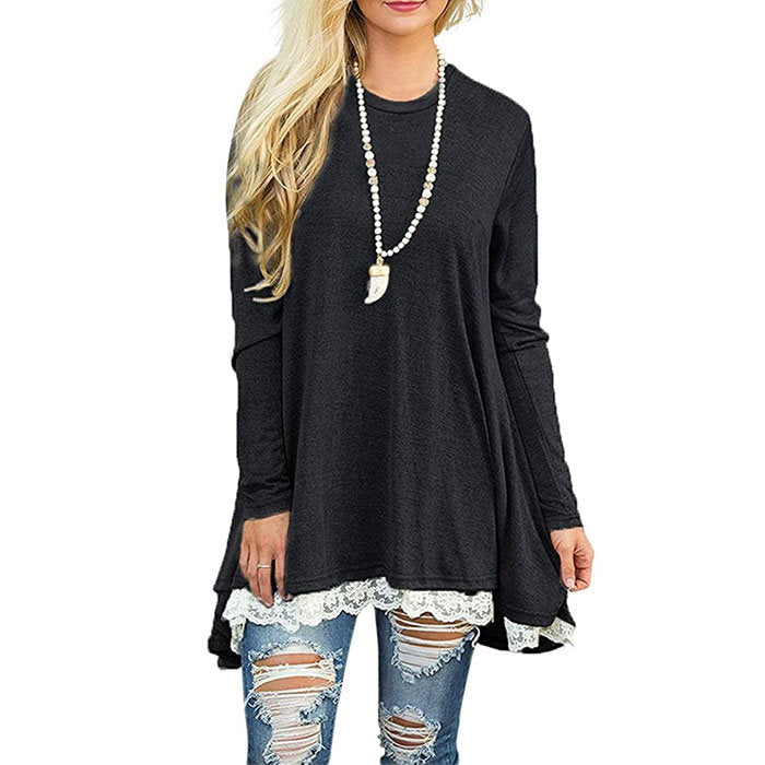 Beakey Women's Crew Neck Long Sleeve Lace Splicing Shirt Long Tunic Blouses-Black-1228