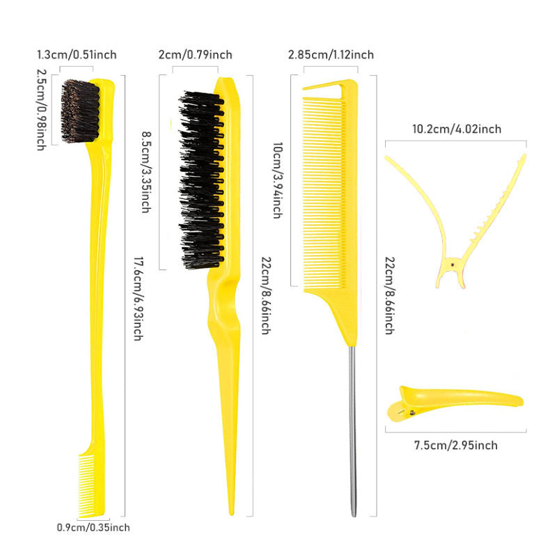 Beakey 12 Pieces Hair Brush Set Nylon Teasing Hair Brushes Rat Tail Combs with Duckbill Clips for Women-Yellow