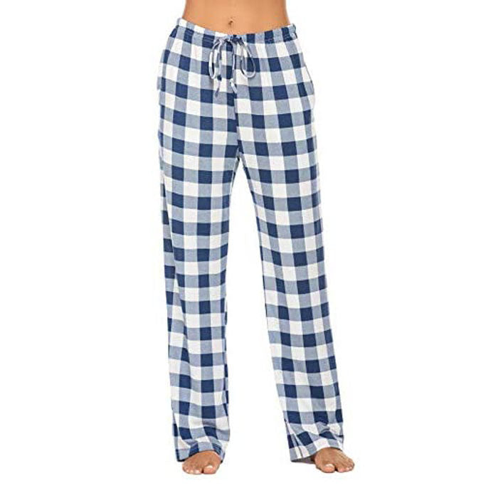 Beakey Women Lounge Pants Comfy Pajama Bottom Stretch Plaid Drawstring Bottoms Pants-Blue-SP127