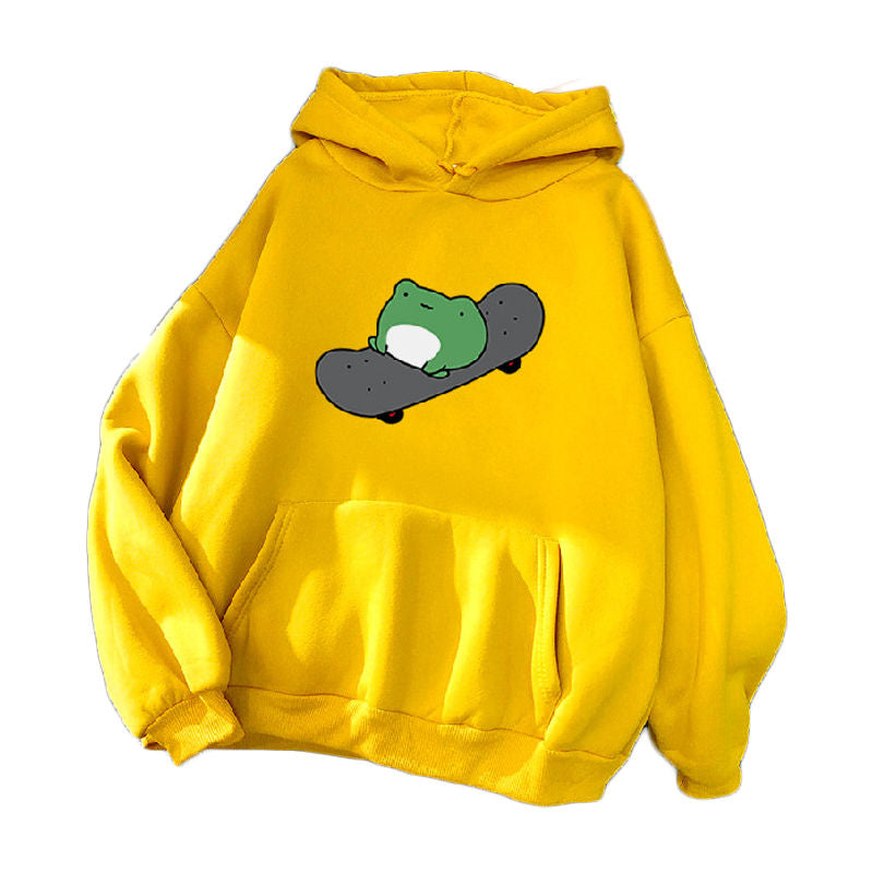 Beakey Womens Cute Hoodie Skateboarding Frog Long Sleeve Pullover-Yellow