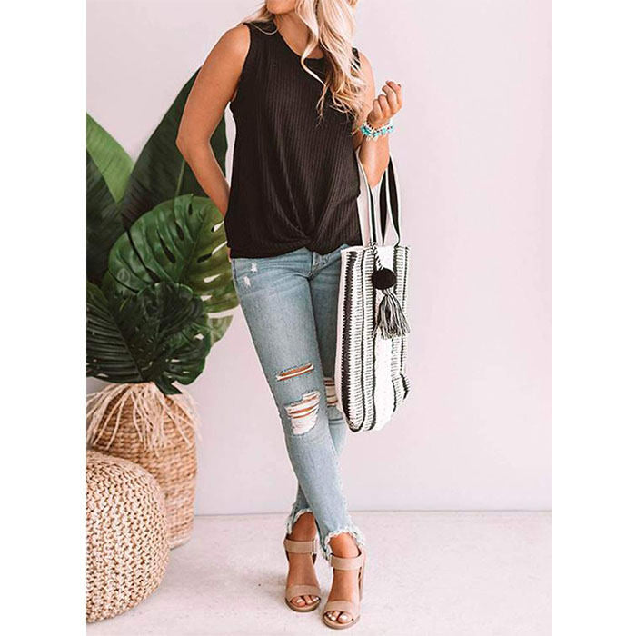 Beakey Womens Waffle Knit Vest Casual Blouse Sleeveless Twist Knot Tank Tops-Black-YT8829