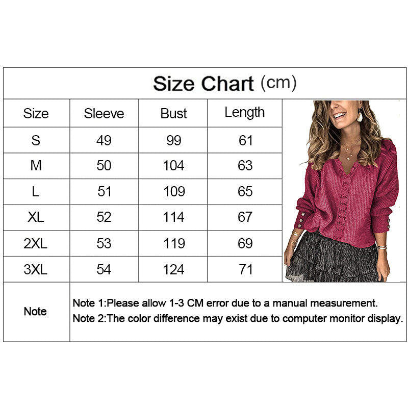 Beakey Womens Pullover Sweater Lace V Neck Long Sleeve Button Top-Rose Red