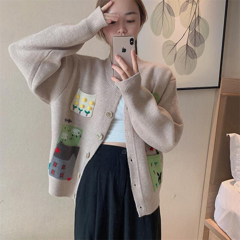 Beakey Womens Knitted Cardigan V-Neck Button Sweater for Autumn Winter-Khaki