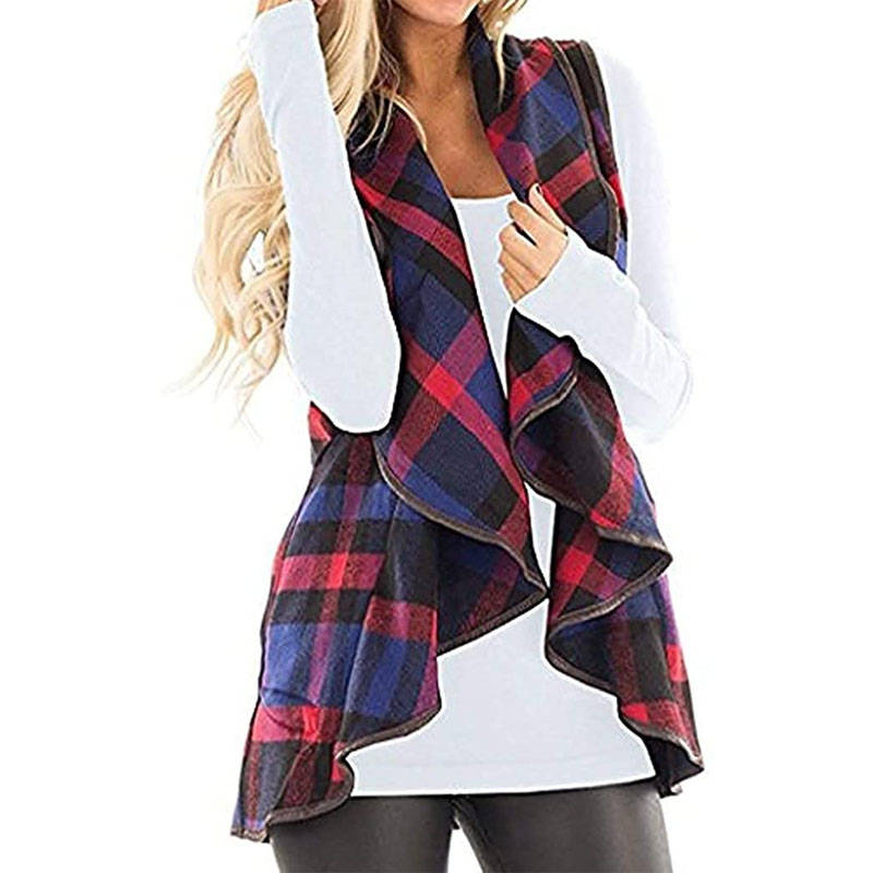 Beakey Womens Casual Lapel Open Front Plaid Vest Cardigan with Pockets-Blue