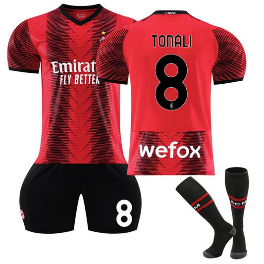 Beakey AC Milan Home Jersey TONALI #8 Soccer Jersey Kids Adult 3-Pieces Jersey Kits