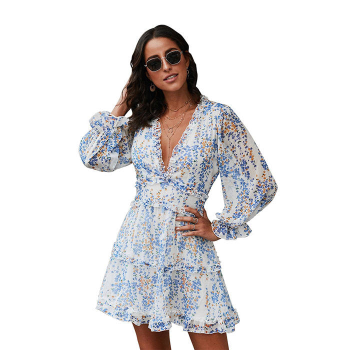 Beakey Womens Spring Summer Deep V Neck Ruffle Long Sleeve Mini Dress-White-LC220829-1