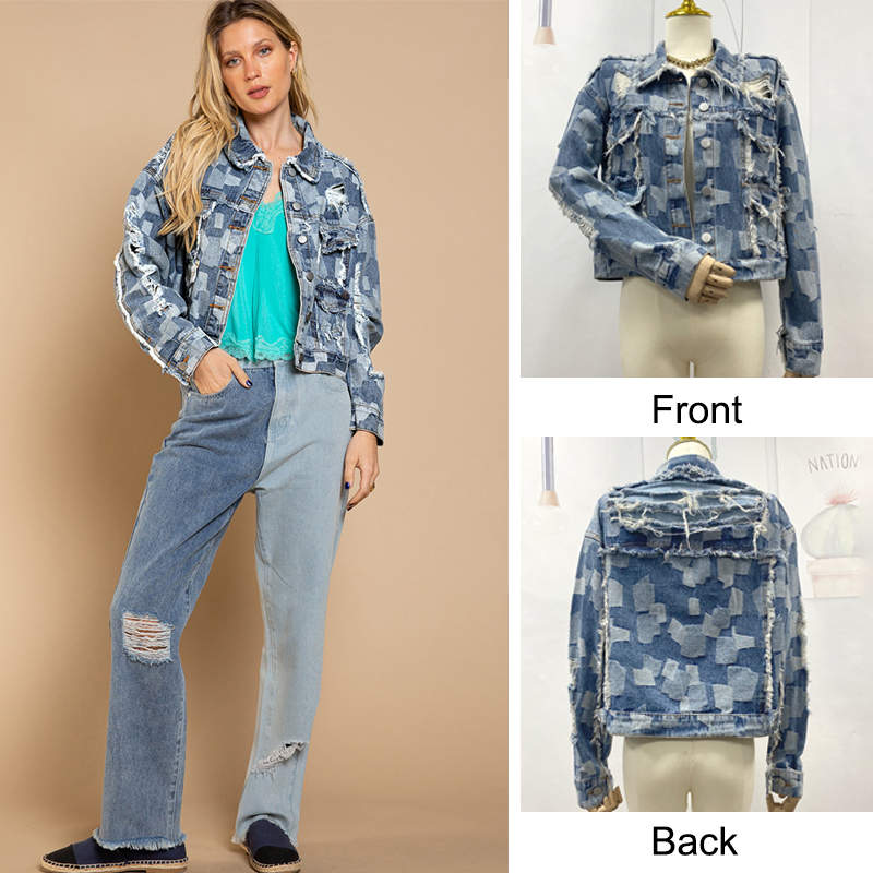 Beakey Womens Plaid Denim Jacket Fringed Ripped Cropped Coat for Autumn