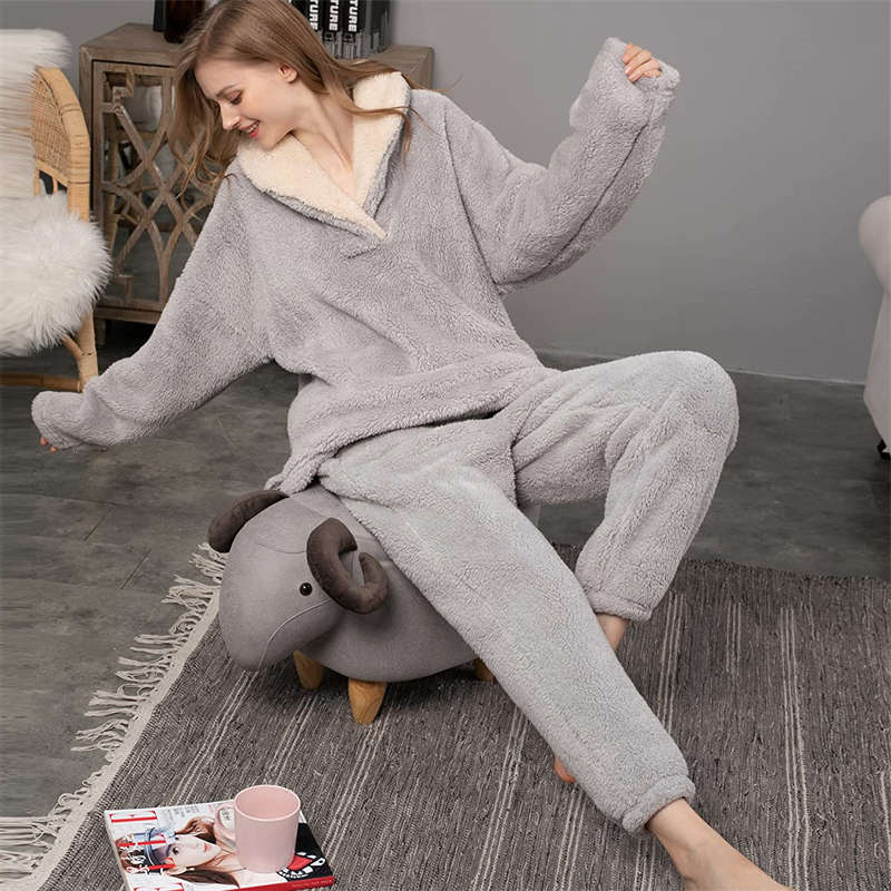 Beakey Womens Coral Fleece Oversized Pajamas Set-Grey