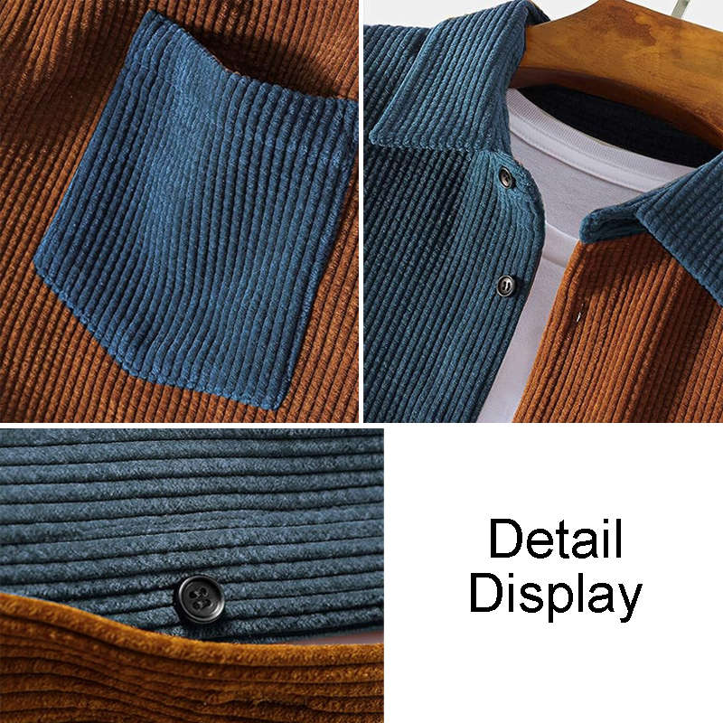 Beakey Mens Corduroy Shirt Patchwork Button Down Jacket with Chest Pocket-Blue