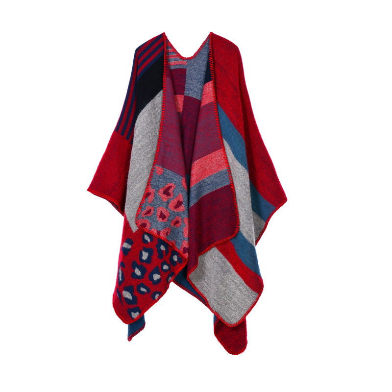 Beakey Womens Winter Reversible Oversized Blanket Cape Shawl-Leopard Red