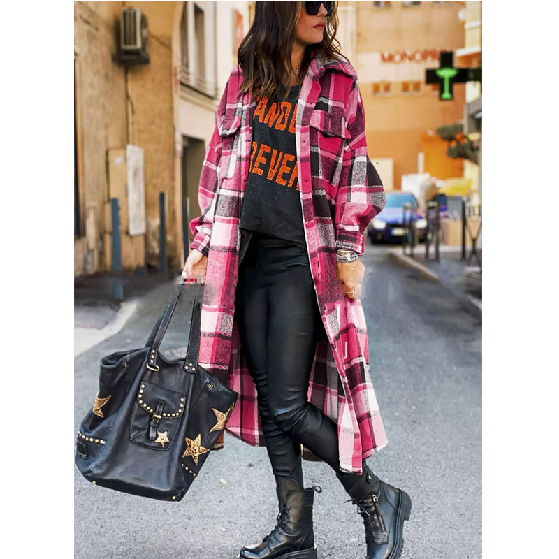 Beakey Womens Casual Plaid Long Coat Lapel Button Down Shirts Jacket-Rose Red