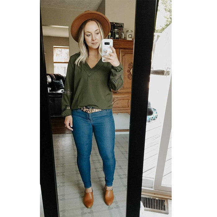 Beakey Womens V Neck Lantern Long Sleeve Blouse Hollow Out Casual Shirts-Green-80082