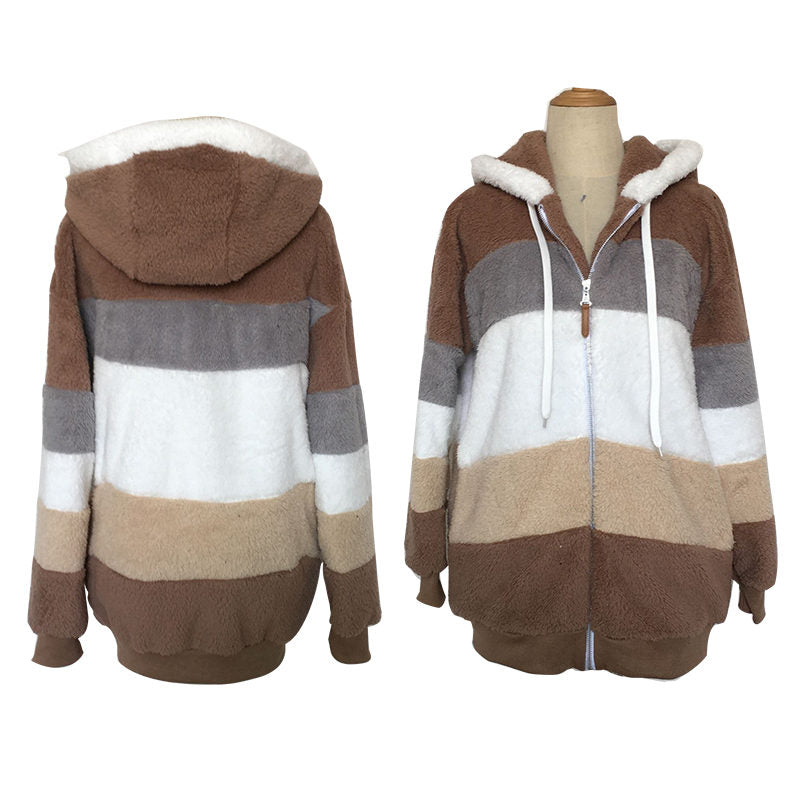 Beakey Womens Warm Plush Hooded Cardigan Full Zip Colorblock Jacket-Khaki