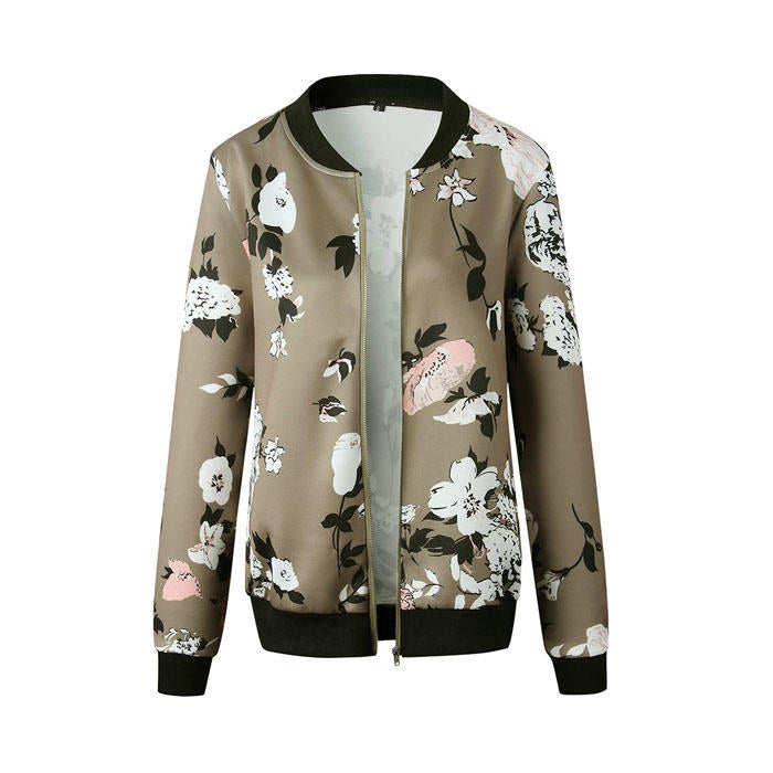 Beakey Women's Fashion Zip Up Casual Jacket Coat Short Outwear Flower Printing Tops-Army Green-8795