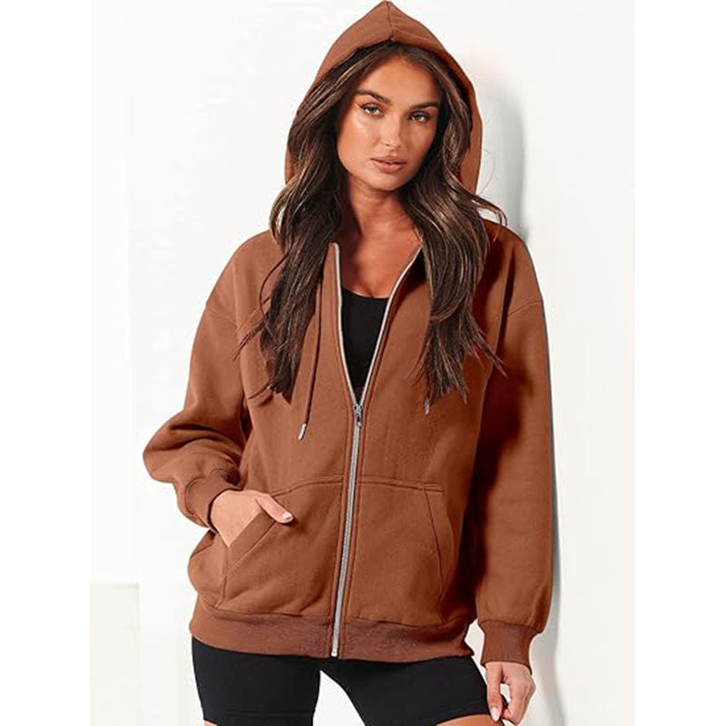 Beakey Womens Zip Up Hoodies with Pockets Y2K Oversized Sweatshirts-Coffee