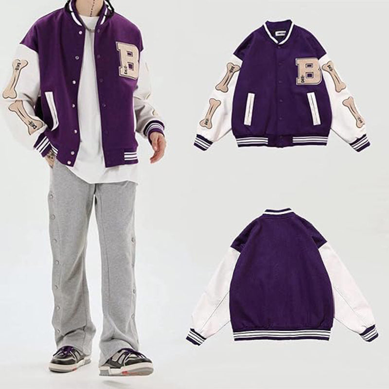 Beakey Unisex Varsity Jacket Stitched Leather Oversized Coat with Patch-Purple