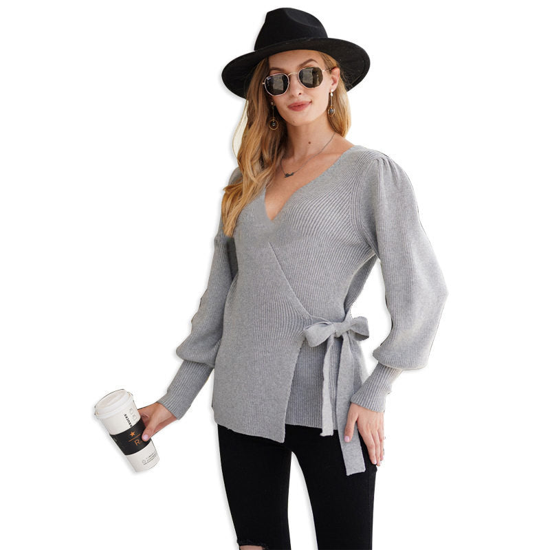 Beakey Womens Sexy V Neck Oversized Sweater Balloon Sleeve Knit Pullover-Grey